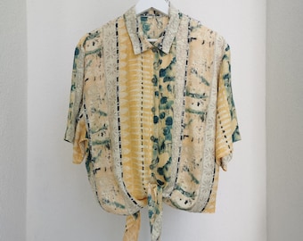 Vintage 90s Tie Waist Shirt, Abstract Print Yellow and green Blouse, Short Sleeve Women's Blouse, Boho Blouse, 90's Hipster Oversized Top
