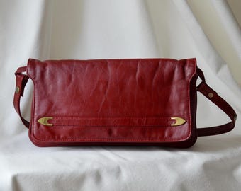Vintage Red Leather Shoulder Bag 1980s Messenger Purse, Genuine Leather