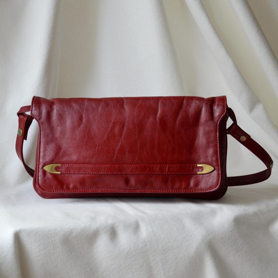 Vintage Red Leather Shoulder Bag 1980s Messenger Purse, Genuine 