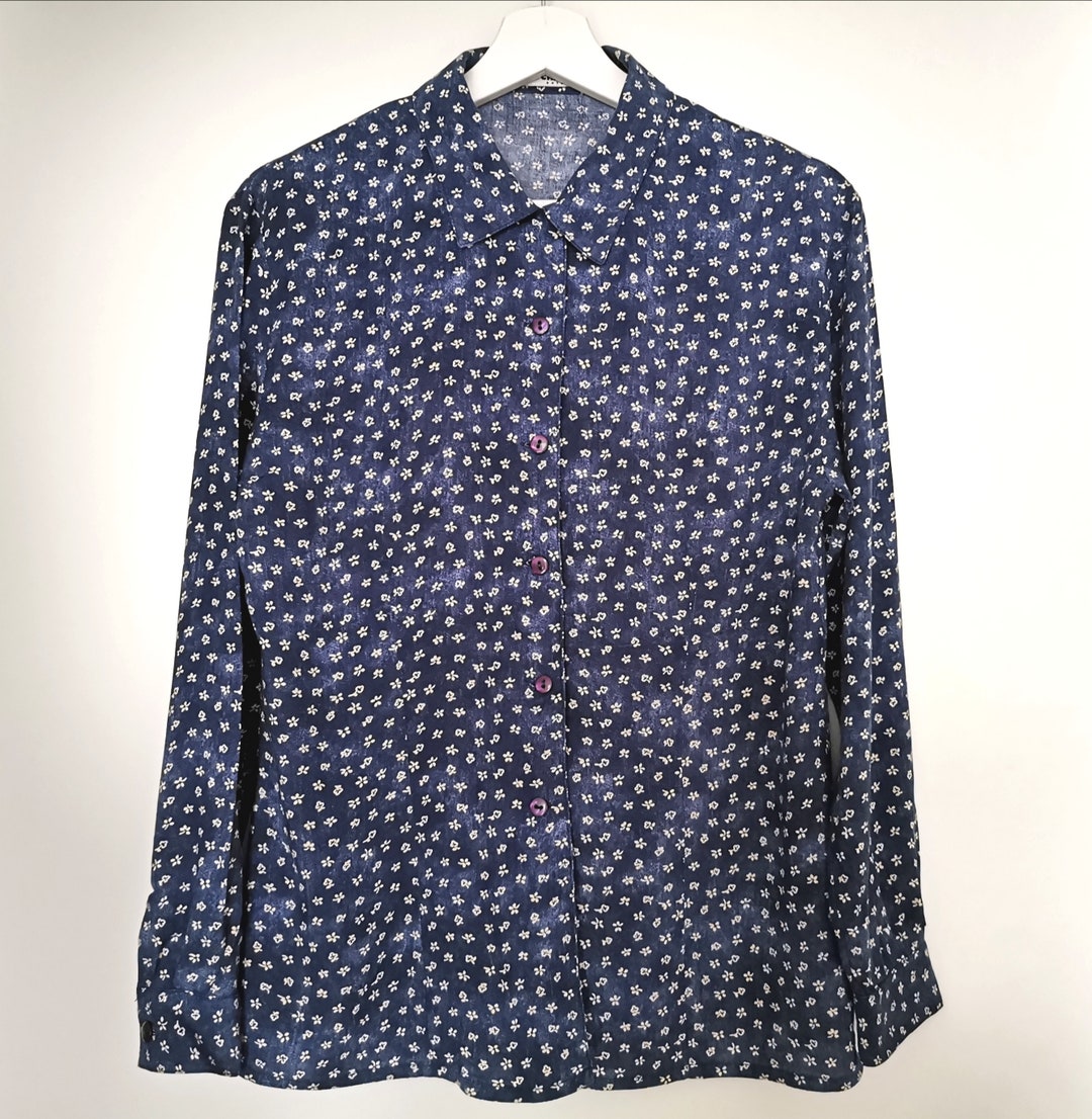 Vintage 90's Floral Print Top, Navy Blue Blouse, Women's Button up ...