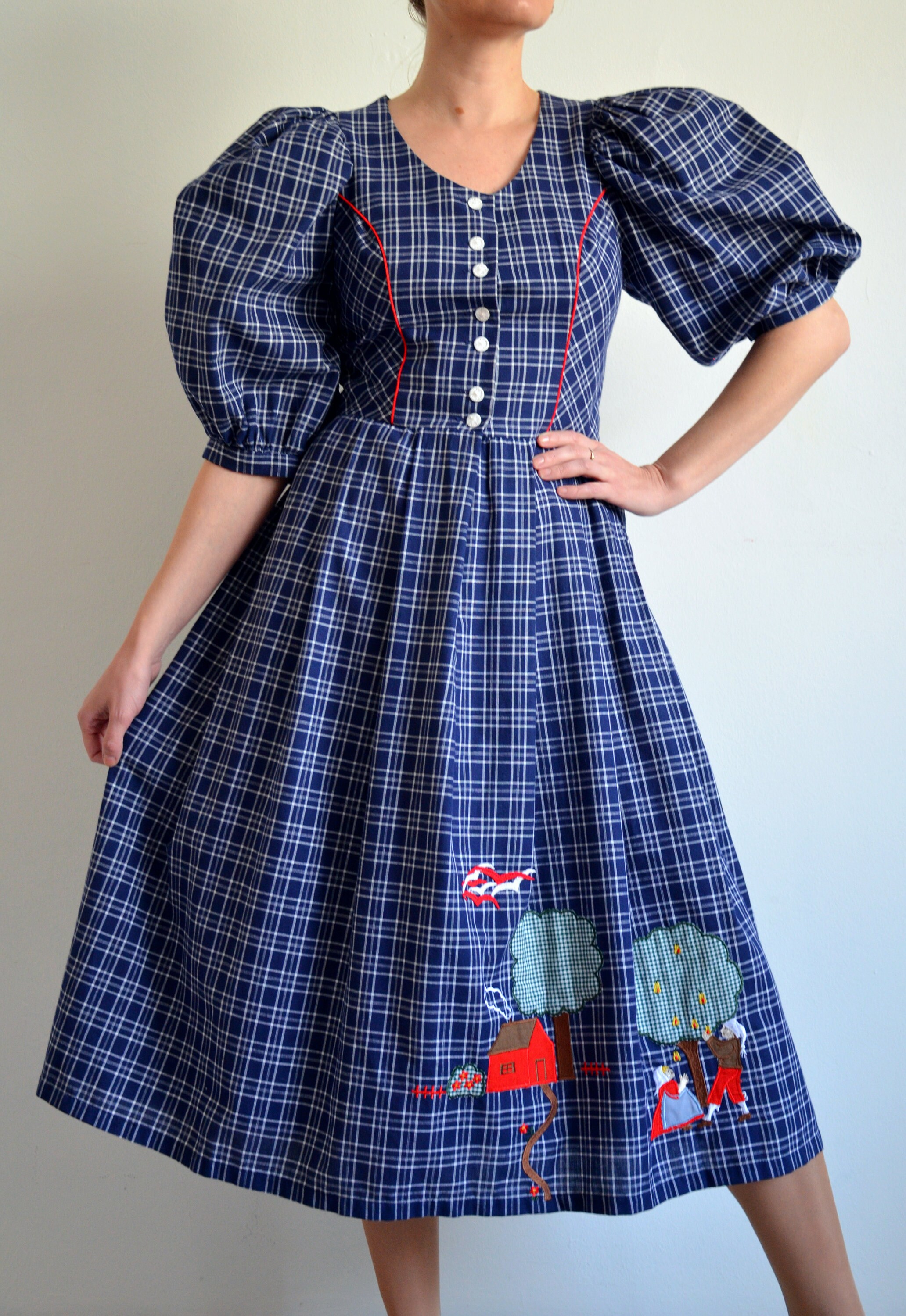 Austrian Patterns Retro Vintage 80s Austrian Folk Dress With Puff Sleeves, Scenery Peasant ...