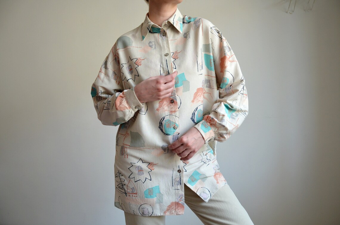 Vintage Abstract Silk Blend Blouse, 90s Long Sleeve Shirt, Size L, foto 2 di 5