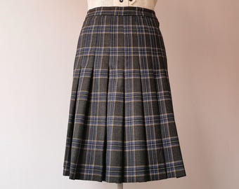 Vintage 70s Checked Pleated Skirt, High Waist Tartan Skirt, Gray and Yellow Plaid Midi Skirt, Hipster Wool  Skirt, Made in Italy