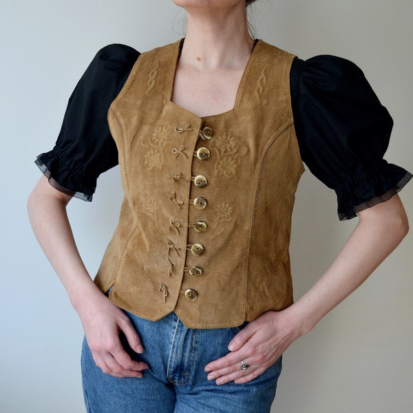 gilet Trachten en daim vintage des années 90, gilet en cuir véritable, corset Dirndl marron camel, gilet folk autrichien/bavarois, broderie Edelweiss