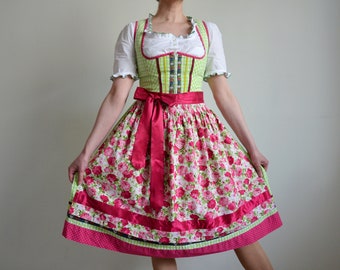 Vintage Austrian Style Dirndl Dress with Apron, Bright Colors Folk Dress, Gingham & Floral Tracht Dress, Peasant/Oktoberfest/Cottage core