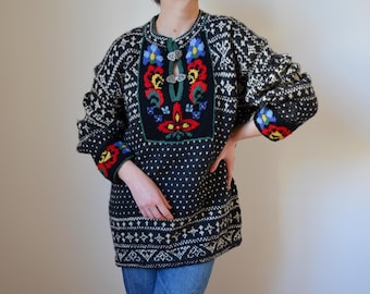 Vintage 80s Norwegian Wool Sweater, Hand Knit Fair Isle Pullover, Floral Embroidery