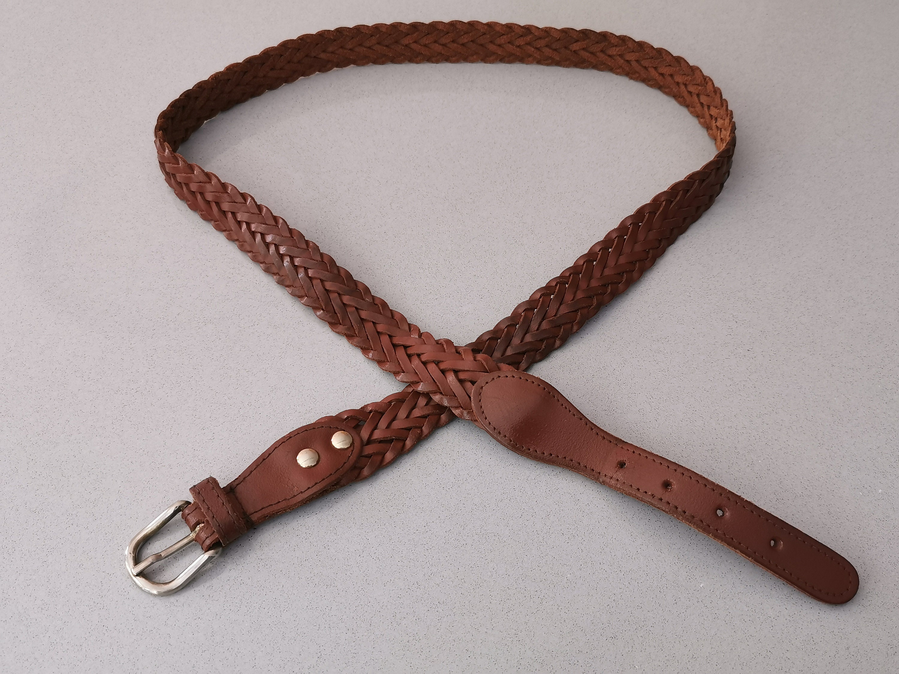 Vintage 90s Brown Woven Leather Belt, Genuine Leather Belt 