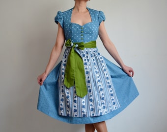 Vintage NOS Blue Dirndl Dress with Apron, Puff Sleeve Austrian Folk Dress, Floral Print Prairie Dress, Cap Sleeve Trachten Dress, size 40