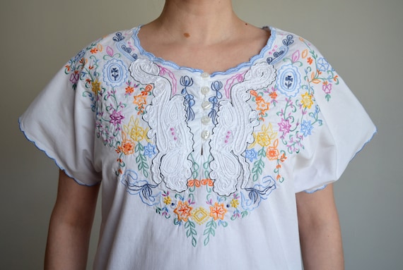 Vintage Embroidered Peasant Blouse, White Folk Bl… - image 1