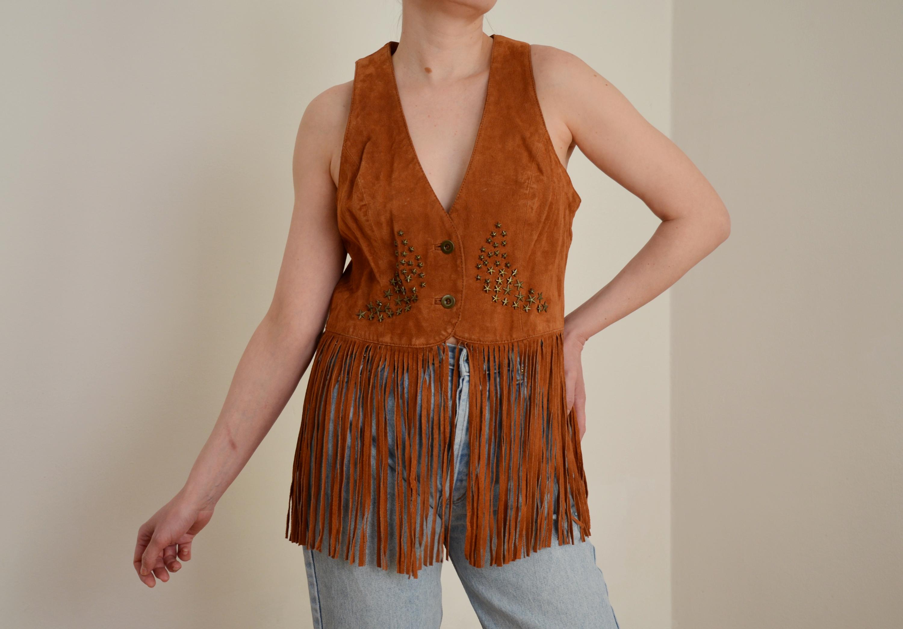 90s Suede Fringe Vest: Caramel Brown Leather Western Cowgirl
