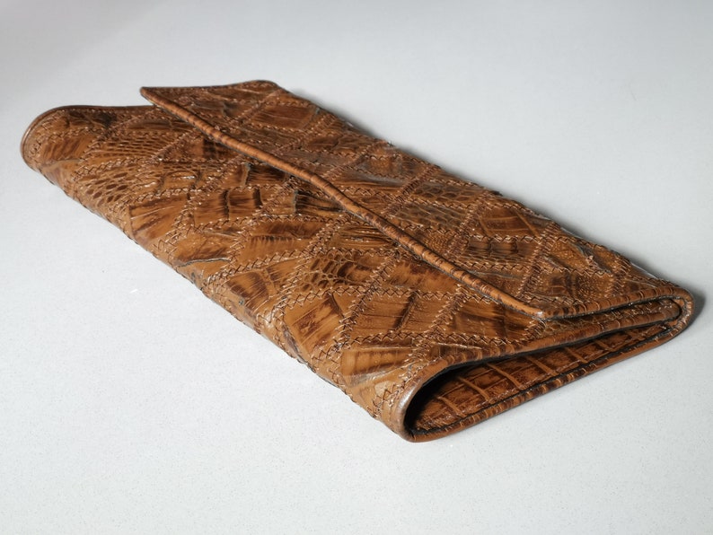 Vintage 60s Genuine Leather Clutch, Brown Leather Clutch, Crocodile Print Bag, Patchwork Leather Evening Bag, Evening Purse, Made in Germany image 4