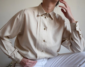 Vintage 80s Beige Pleated Blouse, Mario Rosella Faux Silk