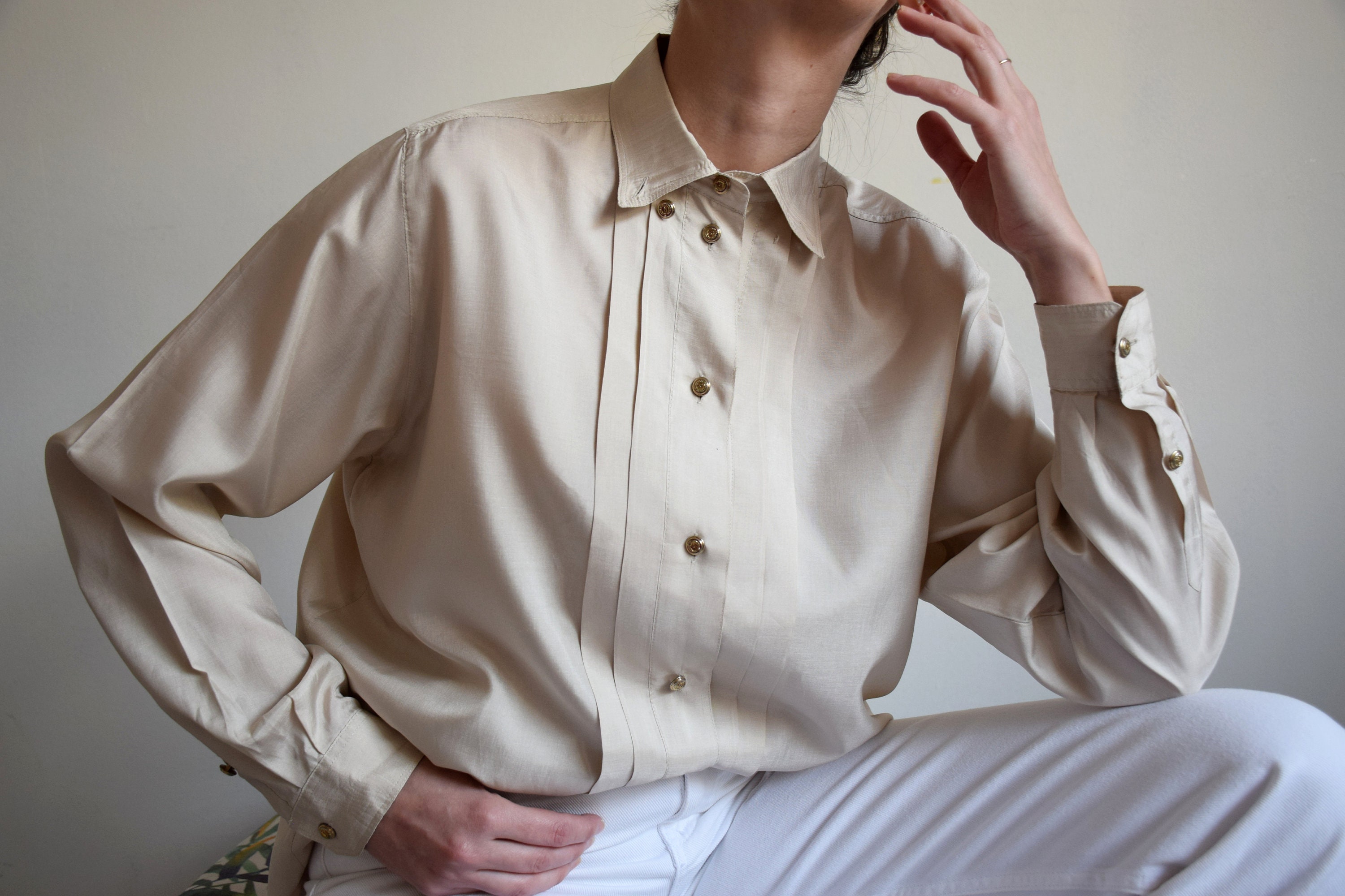 Vintage 80s Beige Pleated Blouse, Mario Rosella Faux Silk