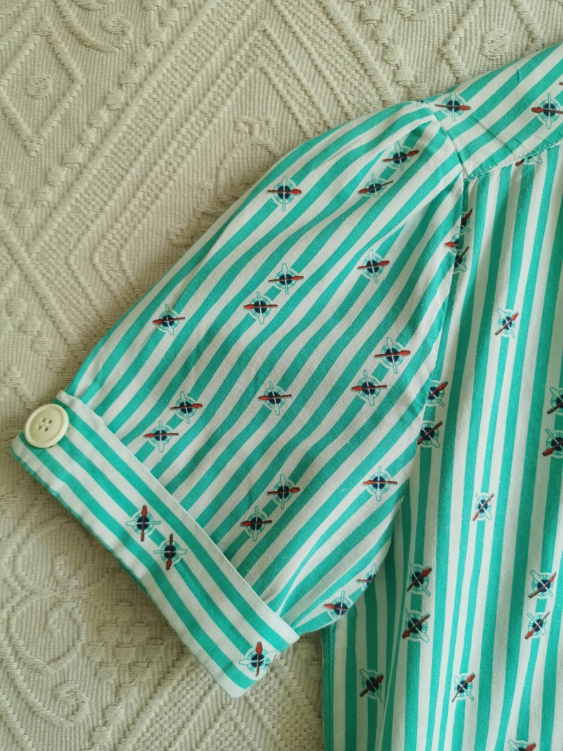 Vintage 80's Striped Dress, Marine Theme Summer Dress, Turquoise Green & White Dress, Belted Dress, Below the Knee Dress, Short Sleeve Dress image 10