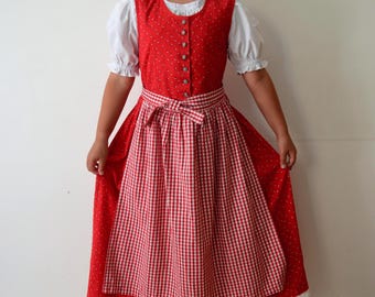 Vintage Girls Dirndl Dress Set: Red Floral Folk Costume, Gingham Apron (Size 152cm)