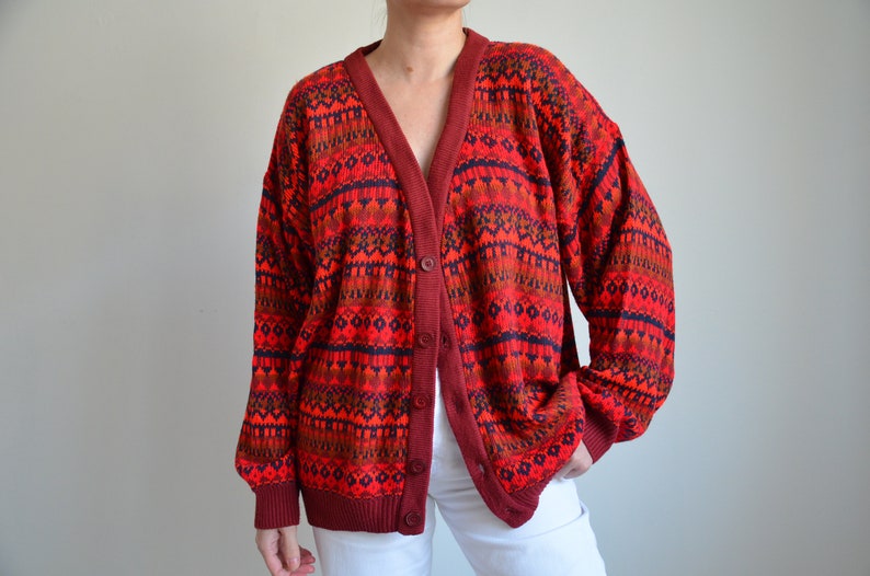 Vintage 90s Red Pattern Wool Cardigan, V-Neck Wool Knit Sweater, Button Down Grandpa Sweater, Baggy Wool Sweater, Chunky Hipster Cardigan image 7