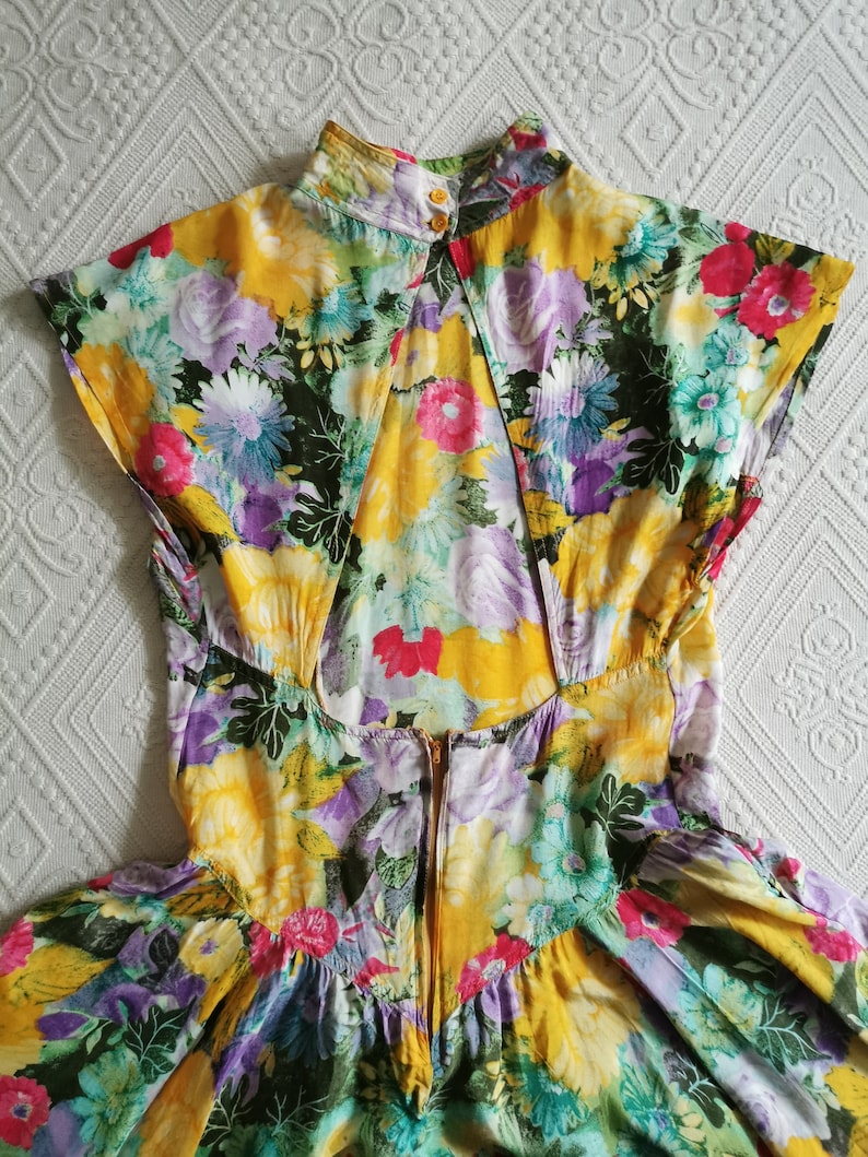 Vintage 80s Floral Full Circle Dress, Backless Colorful Print Dress, Viscose Summer Midi Dress, Basque Waist Flared Prairie Dress, size 36 image 9