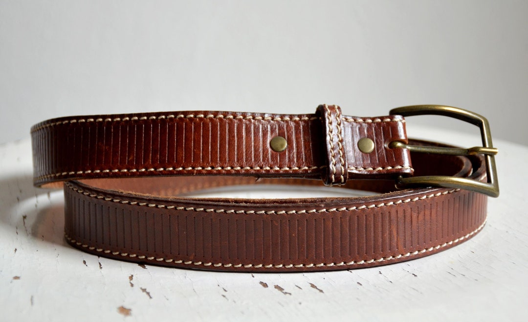 Vintage Striped Tooled Leather Belt Vintage 90s Tooled Leather Belt, Striped Brown Jeans Belt - Etsy main image 3