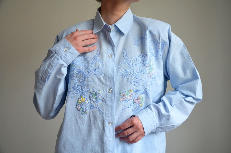 Vintage 90s Embroidered Folk Blouse, Floral Embroidery & Applique Peasant Blouse, Women's Oversized Collar Shirt, Soft Blue Button Up Blouse image 1