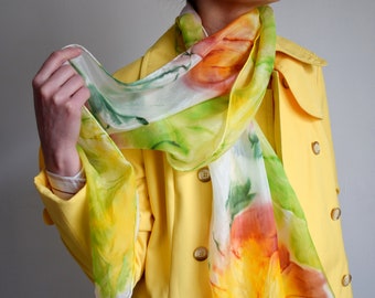 Vintage Silk Tie Dye Scarf, Long Silk Scarf, Colorful Floral Silk Scarf, Yellow Green White Watercolor Silk Scarf, 90s Hand Dyed Silk Scarf