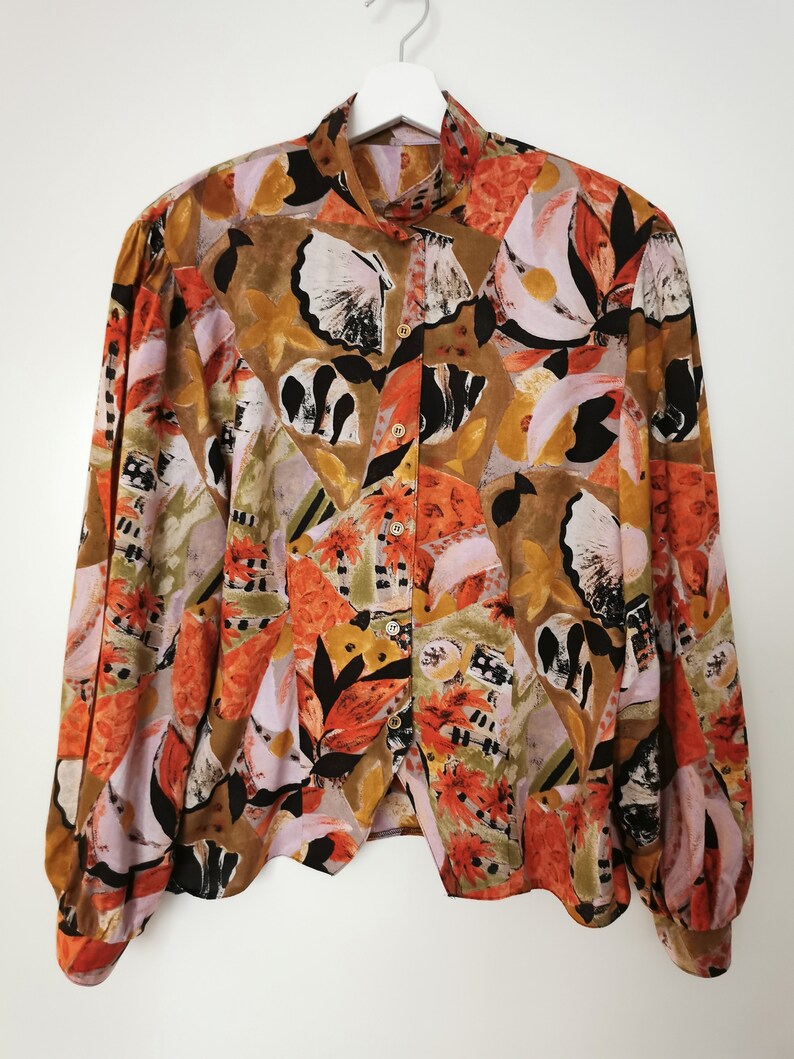 Sea Bottom Theme Top Earthy Colors and Pastel Pink Blouse Vintage 80/'s Boho Blouse with Puff Sleeves Novelty Print Top Hipster Print Top