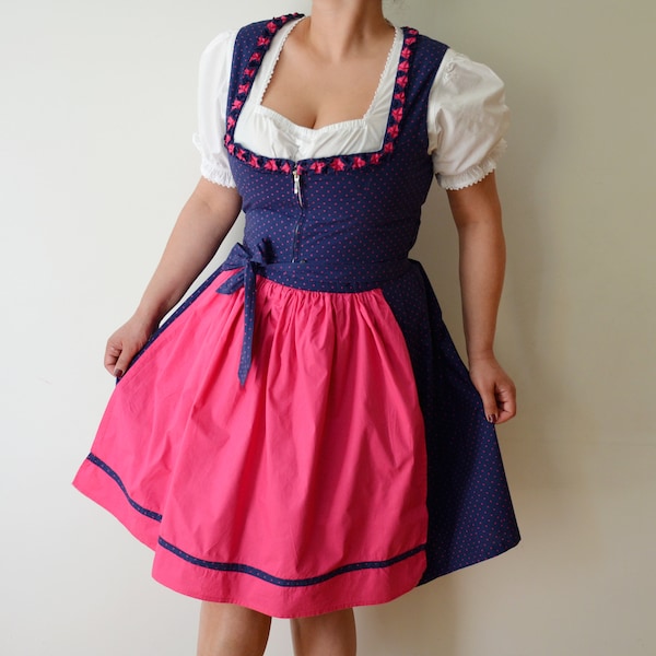 Vintage 90's Dirndl Dress with Apron, Polka Dot Print Folk Dress, Magenta Navy Blue Dress, Trachten/Peasant/Cottagecore/Oktoberfest Dress