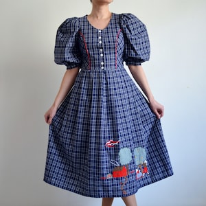 Vintage 80s Austrian Folk Dress with Puff Sleeves, Scenery Peasant Theme Dress, Plaid Pattern Dirndl Dress, Oktoberfest/Tracht, size M
