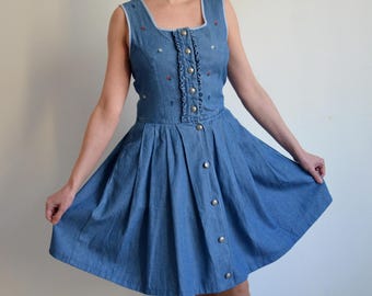 Vintage Denim Dirndl Dress, Floral Embroidery, Austrian Folk Dress, size M
