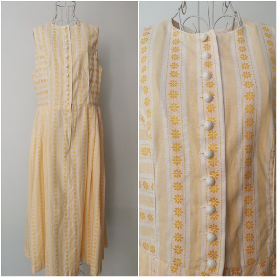 Vintage 80's Yellow Dirndl Dress, Stripes / Flower