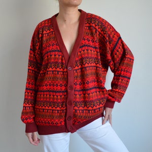 Vintage 90s Red Pattern Wool Cardigan, V-Neck Wool Knit Sweater, Button Down Grandpa Sweater, Baggy Wool Sweater, Chunky Hipster Cardigan image 2