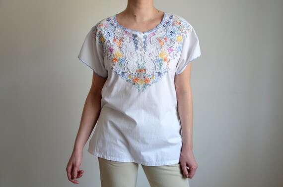 Vintage Embroidered Peasant Blouse, White Folk Bl… - image 4