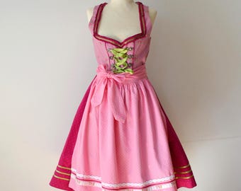 Vintage Dirndl Dress & Apron, Magenta White German Oktoberfest Costume, size 36