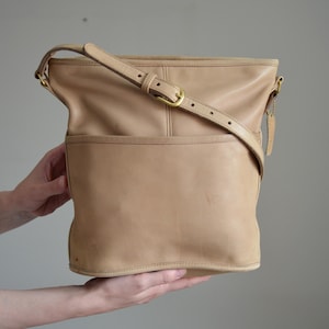 Vintage 80s COACH Bag, Tan Leather Coach Bucket Bag, Crossbody or Shoulder Bag with Adjustable Strap, Made in USA