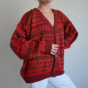 Vintage 90s Red Pattern Wool Cardigan, V-Neck Wool Knit Sweater, Button Down Grandpa Sweater, Baggy Wool Sweater, Chunky Hipster Cardigan image 5