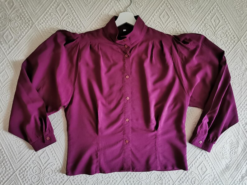 Vintage 80s Purple Blouse with Puffy Sleeves, Burgundy Purple Collar Shirt, High Neck Collar Blouse, Women's Blouse, Made in West Germany image 8