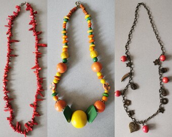 A Set of 3 Vintage Necklaces, Colorful Necklaces, Long Necklaces, Coral and Chips Necklace, Wooden Beaded Necklace, Charms Chain Necklace
