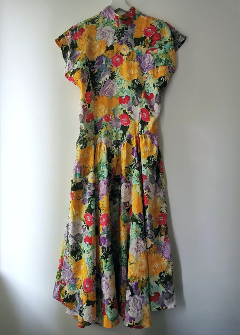 Vintage 80s Floral Full Circle Dress, Backless Colorful Print Dress, Viscose Summer Midi Dress, Basque Waist Flared Prairie Dress, size 36 image 8