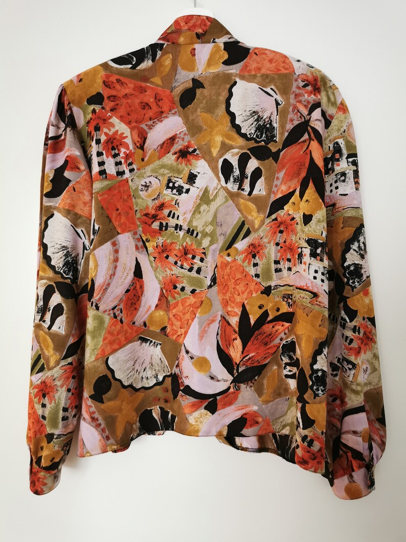 Sea Bottom Theme Top Earthy Colors and Pastel Pink Blouse Vintage 80/'s Boho Blouse with Puff Sleeves Novelty Print Top Hipster Print Top