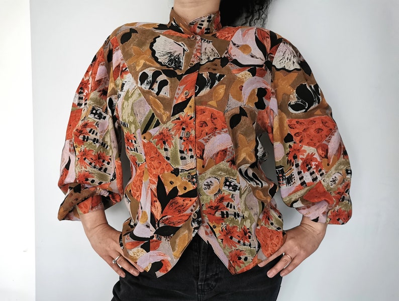 Sea Bottom Theme Top Earthy Colors and Pastel Pink Blouse Vintage 80/'s Boho Blouse with Puff Sleeves Novelty Print Top Hipster Print Top
