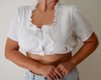 Blusa corta estilo Dirndl vintage, blusa blanca de algodón con volantes, Oktoberfest, talla L