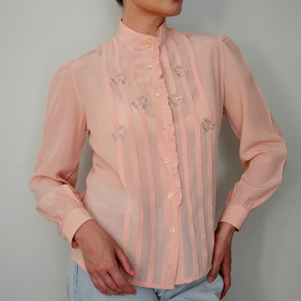 Vintage 70s Peachy Pink Silk Blouse, High Neck Collar Shirt with Floral Embroidery & Puffy Sleeve, Semi-sheer Romantic Blouse, Pure Silk