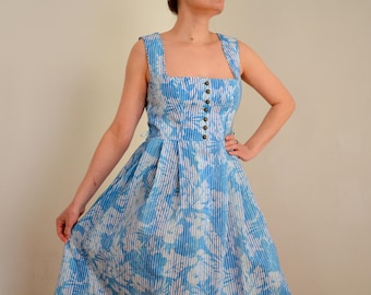 Vintage Blau Blumen Dirndl Kleid, Oktoberfest Kleid, Größe 40