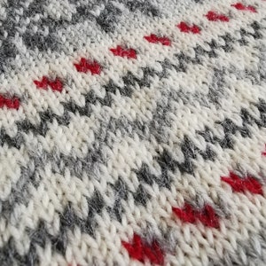 May include: Close-up of a knitted fabric with a white and gray chevron pattern and red dots.