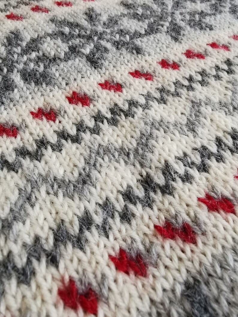 May include: Close-up of a knitted fabric with a white and gray chevron pattern and red dots.