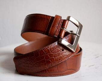 Vintage leren riem met krokodillenleer uit de jaren 90, cognacbruin, zilveren gesp, 80 cm