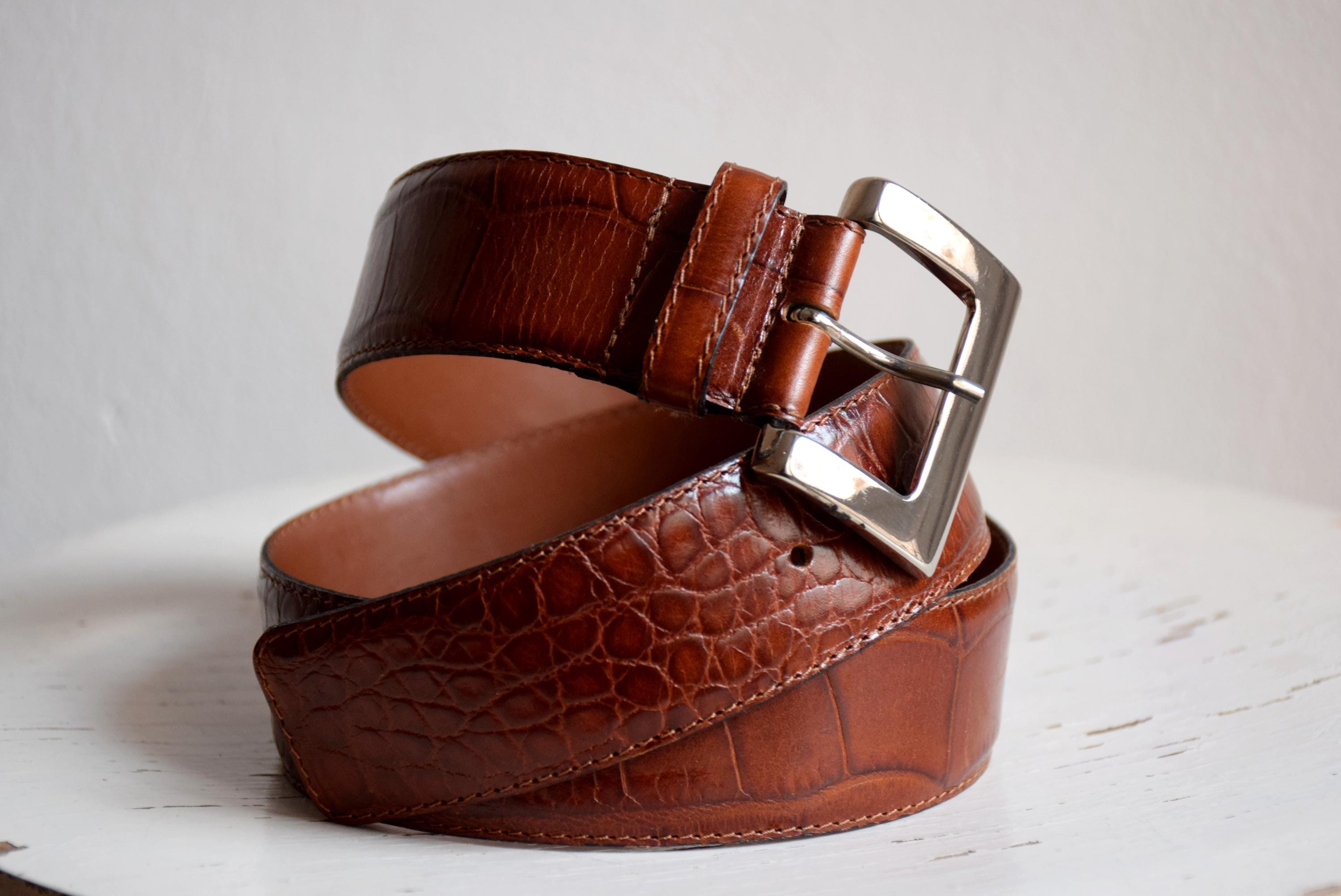 Vintage 90s Croc Embossed Leather Belt, Cognac Brown, Silver  display picture 2