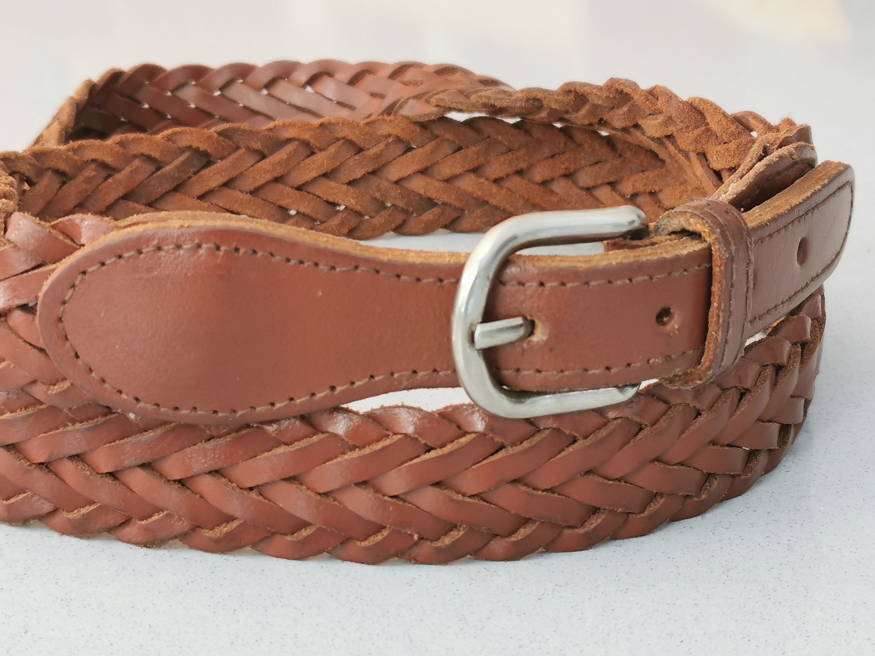 Vintage Leather Braided Woven Western Belt Brown Rodeo Y2K Casual 90s Bohemian Vintage 90s Brown Woven Leather Belt, Genuine Leather Belt  main image 4