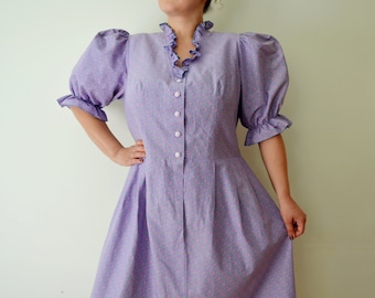Vintage 80s Austrian Folk Dress with Puffy Sleeves, Lavender Purple Prairie Dress, Floral Print Dress, Cottage core Style, size XXL