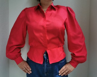 Vintage 80's Scarlet Red Secretary Blouse with Puff Sleeves, Bright Red Button Up Blouse, Women's Polyester Blouse, Long Sleeve Blouse