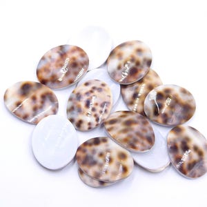 May include: A collection of oval-shaped cabochons featuring a smooth, polished surface. Each piece displays a natural pattern of dark brown and black spots against a cream-coloured background, with some pieces showing a solid white underside.